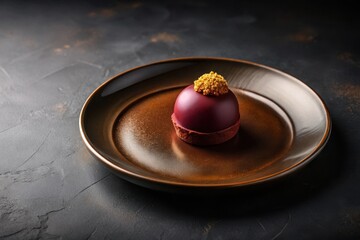 A decadent dark chocolate mousse dessert, elegantly presented on a rustic brown plate, garnished with a sprinkle of crunchy golden topping