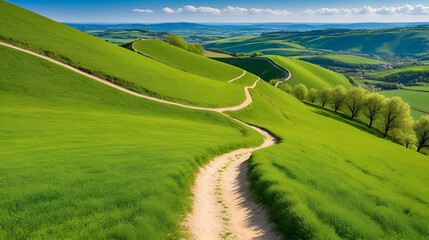 Obraz premium Hiking trail on a hill in idyllic rural landscape in spring