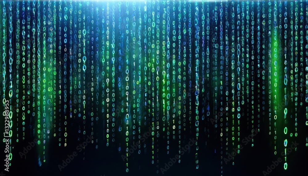 Poster stream of falling binary code in neon green and blue representing digital data transmission flow