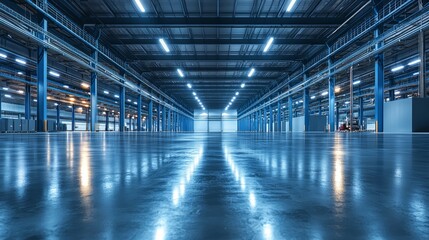 Spacious and Modern Warehouse Interior with Bright Lighting and Clear Floor