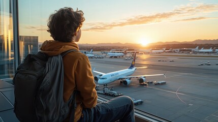 Fototapeta premium A young man sits on the tarmac of an airport, looking out at the planes