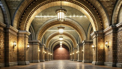 Fototapeta premium Elegant arched hallway with ornate lighting fixtures and brick walls