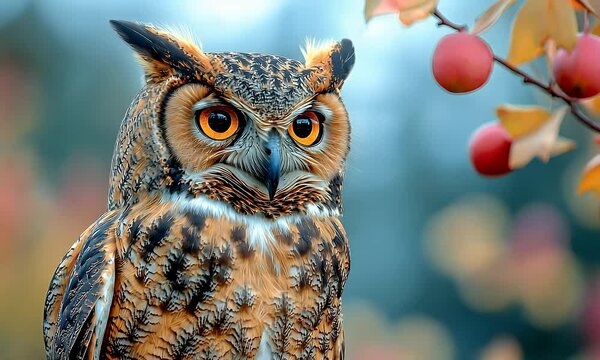 Majestic owl perched on branch, autumn leaves background, wildlife portrait, nature photography