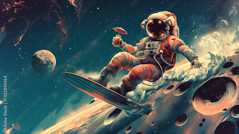Poster this astronaut glides through space on a surfboard, enjoying a drink in zero gravity waves.