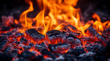 Embers glowing, fire burning, outdoor scene