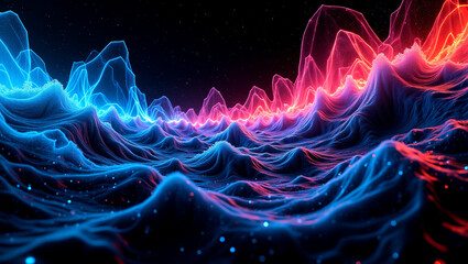 Obraz premium Surreal Data Stream Morphing into Northern Lights Over Dark Geometric Shapes: A Contemporary Digital Art Masterpiece 