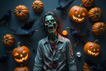 Spooktacular Halloween Scene with Chilling Zombies Glowing Pumpkins and Mysterious Crows in Creepy Flat-Lay Style