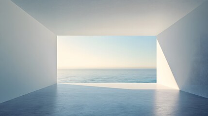 Pristine White Room with Abstract View of Calm Water and Sky at Sunrise in Minimalist Aesthetic