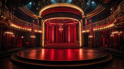 A grand circular stage bathed in deep red and shimmering gold lighting, evoking the timeless elegance of old Hollywood.