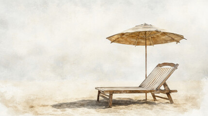 A rustic beachside setup with a reclining wooden chair and a vintage striped parasol. The worn wooden texture adds character, and the gentle play of sunlight creates a warm, nostalgic mood