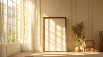 Fototapeta premium Cozy Stylized 3D Rendering of a Bright Living Room Interior with Natural Light and Minimalist Decor