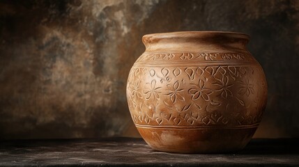 Handcrafted Earthy Clay Pot with Intricate Floral Design on a Rustic Background for Artistic Home Decor