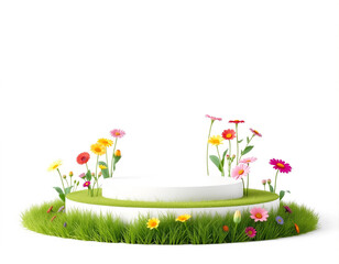 A white pedestal with a green grassy base and a colorful flower arrangement