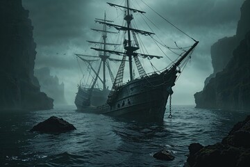 Obraz premium Mysterious Shipwreck in Haunted Dark Waters