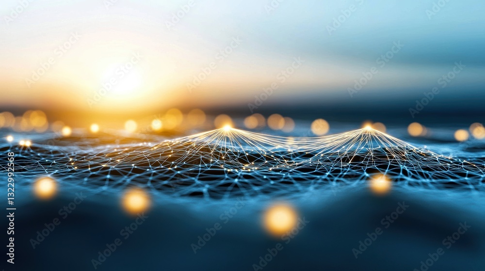 Poster network or node diagrams: network diagram projected onto a futuristic holographic screen, representi