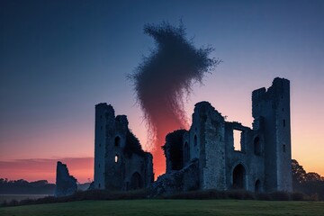 Fototapeta premium Mysterious Spectral Shadows Emerge from Ancient Castle Ruins at Dusk with Twilight Spirits