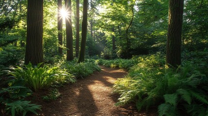 Naklejka premium A serene forest path illuminated by sunlight filtering through lush green trees, creating a tranquil and inviting atmosphere.