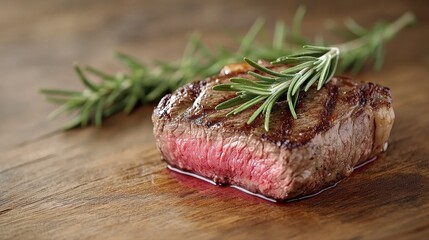 Close-up of a perfectly cooked steak on a wooden table showcasing a juicy pink center and culinary excellence