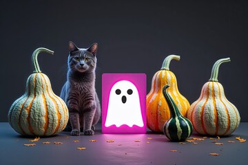 Vibrant Halloween Pumpkins with Enigmatic Cats and Neon Ghosts on Dark Background