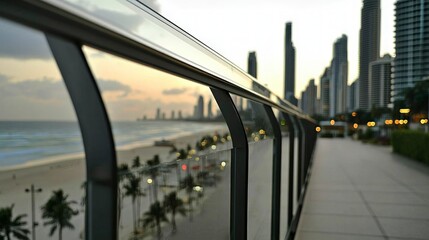 Fototapeta premium Modern Balcony Railing Beachfront Cityscape View