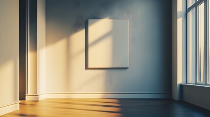 Obraz premium Vintage Living Room Design Bathed in Soft Natural Light with Empty Frame on Wall and Warm Floor