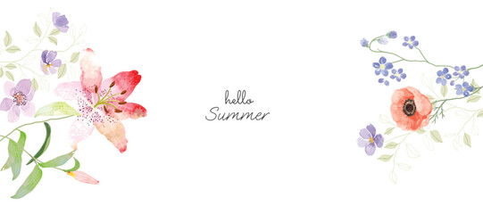 Abstract spring floral art background vector illustration. Watercolor hand painted botanical flower, leaves, eucalyptus, wildflower. Design for wallpaper, banner, card, print, wedding.