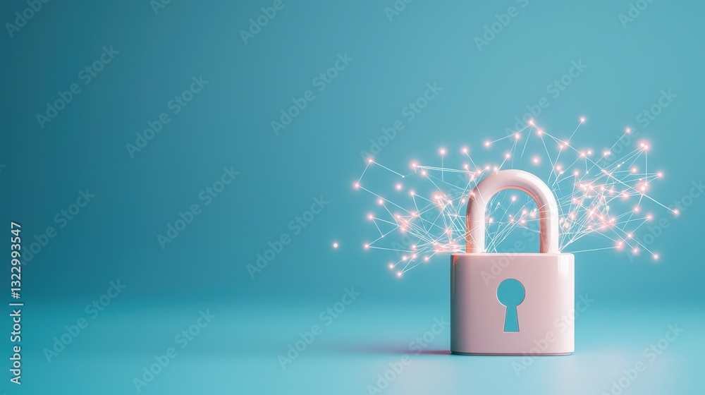 Poster padlock with network nodes: a padlock locking a network connection visualized by glowing lines, symb