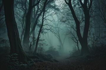 Enigmatic Misty Forest Haunted by Shadows with a Whimsical Atmosphere of Fear