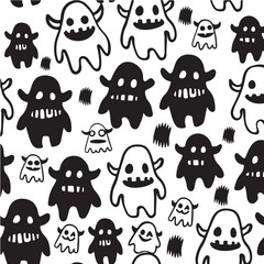 kawaii monster seamless pattern  black and white vector illustration 