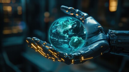 A futuristic robotic hand cradles a glowing Earth, symbolizing technology's influence on our planet and the intertwining of humanity and innovation.