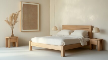 Minimalist bedroom with wooden bed and nightstands