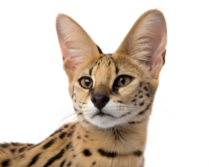 Adult savannah cat portrait, isolated on white background. Head shot of savannah cat on white background. Studio photo. 