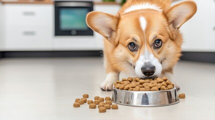 Curious playful puppy sniffing a bowl of fresh dog food while eagerly anticipating its next delicious bite