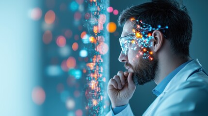 Holographic Interfaces or Screens: Scientist working with a holographic interface displaying complex data, representing scientific research, data analysis, and technological innovation.