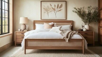 Cozy bedroom interior with natural wood furniture and neutral tones