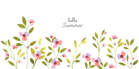Abstract spring floral art background vector illustration. Watercolor hand painted botanical flower, leaves, eucalyptus, wildflower. Design for wallpaper, banner, card, print, wedding. © babeer