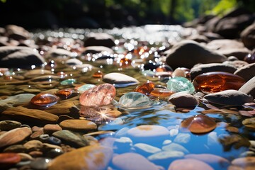  a shallow river with clear blue water flowing over smooth, colorful rocks.