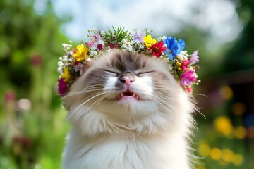 Golden sunrise. Summertime happiness. Cute adult cat ragdoll wearing fierce flower circlet on its head. Floral aesthetics for cats. Happy little kitten. Smiling pet traveler in nature.