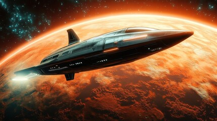Obraz premium A sleek spaceship glides through space, illuminated against a backdrop of a vibrant, fiery planet and a starry sky.