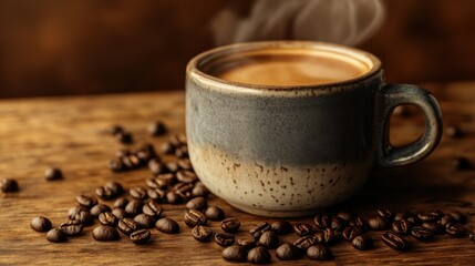 A steaming cup of coffee sits on a wooden surface, surrounded by coffee beans, evoking warmth and comfort.
