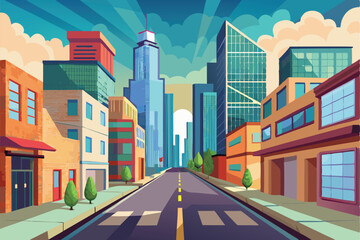 Fototapeta premium A bustling street showcases tall skyscrapers and inviting buildings under a bright sky, Street of skyscraper buildings background