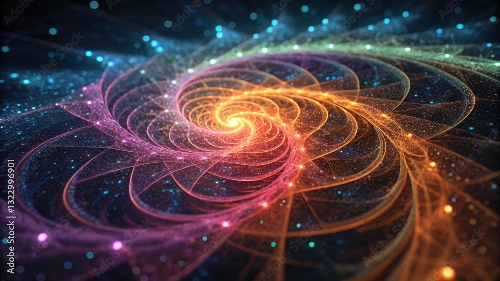 Poster spiral design with glowing particles in vibrant colors creating a dynamic abstract visual experience