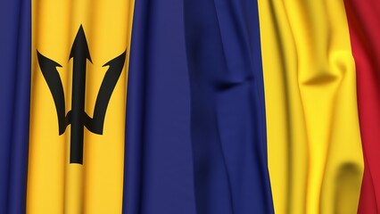 Flags of BARBADOS and ROMANIA with realistic cloth texture