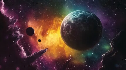 Obraz premium Cosmic Landscape Featuring a Planet and Nebulous Clouds