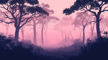 Obraz premium Abstract landscape background idea. A serene forest landscape shrouded in mist with soft pink hues at dawn.