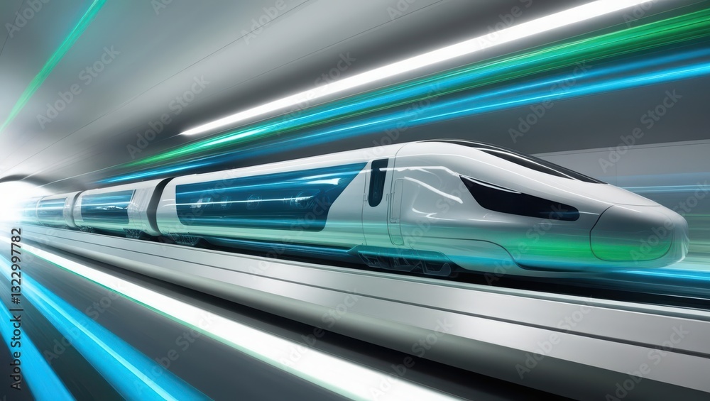Poster train speeding through a tunnel with motion blur and dynamic light streaks representing acceleration