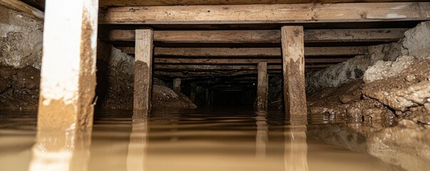 Obraz premium Dark and Mysterious Environment Under Wooden Structure with Water and Soil Accumulation