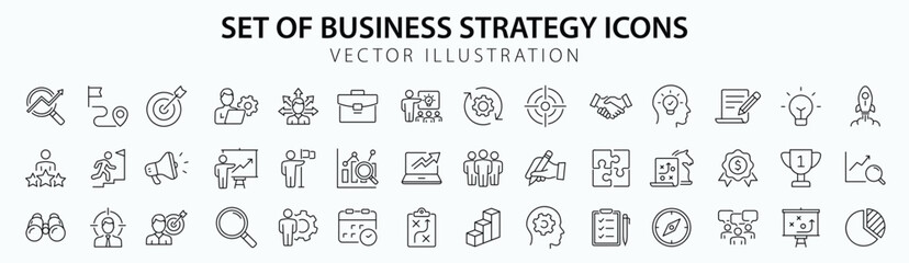 Business strategy set of web icons in line style. Business solutions icons for web and mobile app. Action List, research, solution, team, marketing, startup, advertising, business process, management