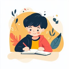 A cheerful boy is writing in a notebook, surrounded by colorful leaves and plants, embodying a sense of creativity and learning.