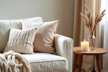 Cozy living room scene with a cream sofa with a chunky knit throw and textured pillows.